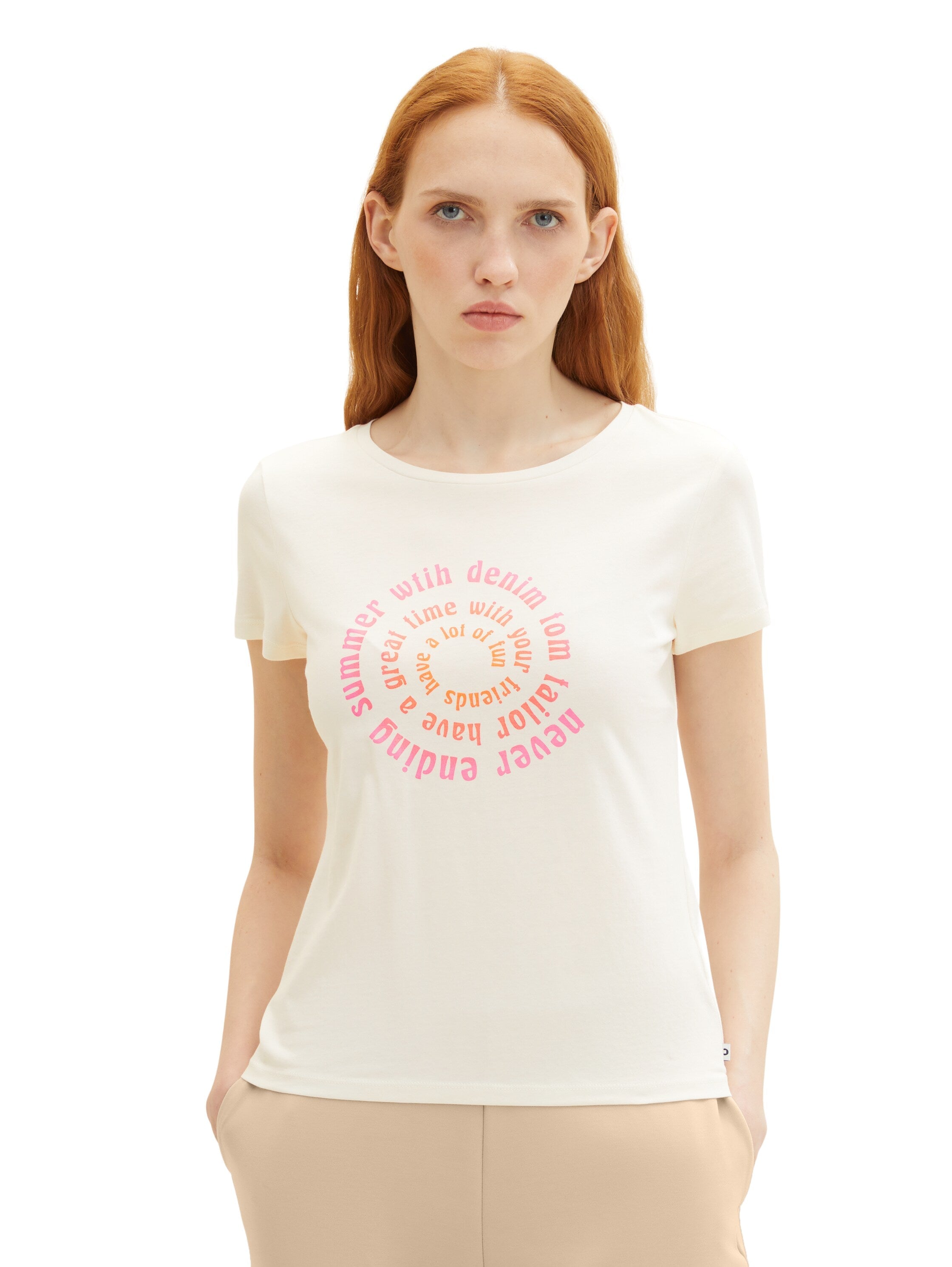 Beige Short Sleeve Round Neck Graphic T-Shirt Tom Tailor