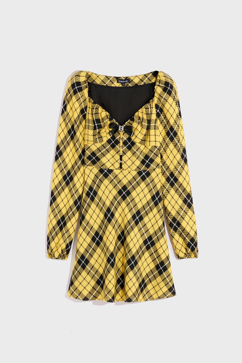 Black And Yellow Long Sleeve Checkered Short Dress