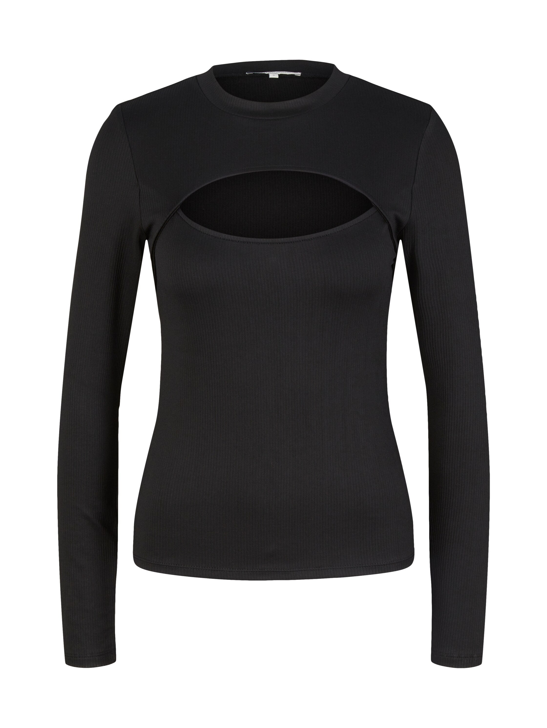 Black Long Sleeve Mock Neck Top With Chest Cut-Out