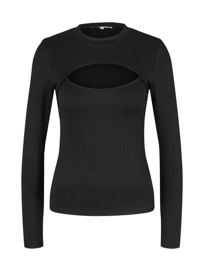 Black Long Sleeve Mock Neck Top With Chest Cut-Out