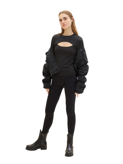 Black Long Sleeve Mock Neck Top With Chest Cut-Out