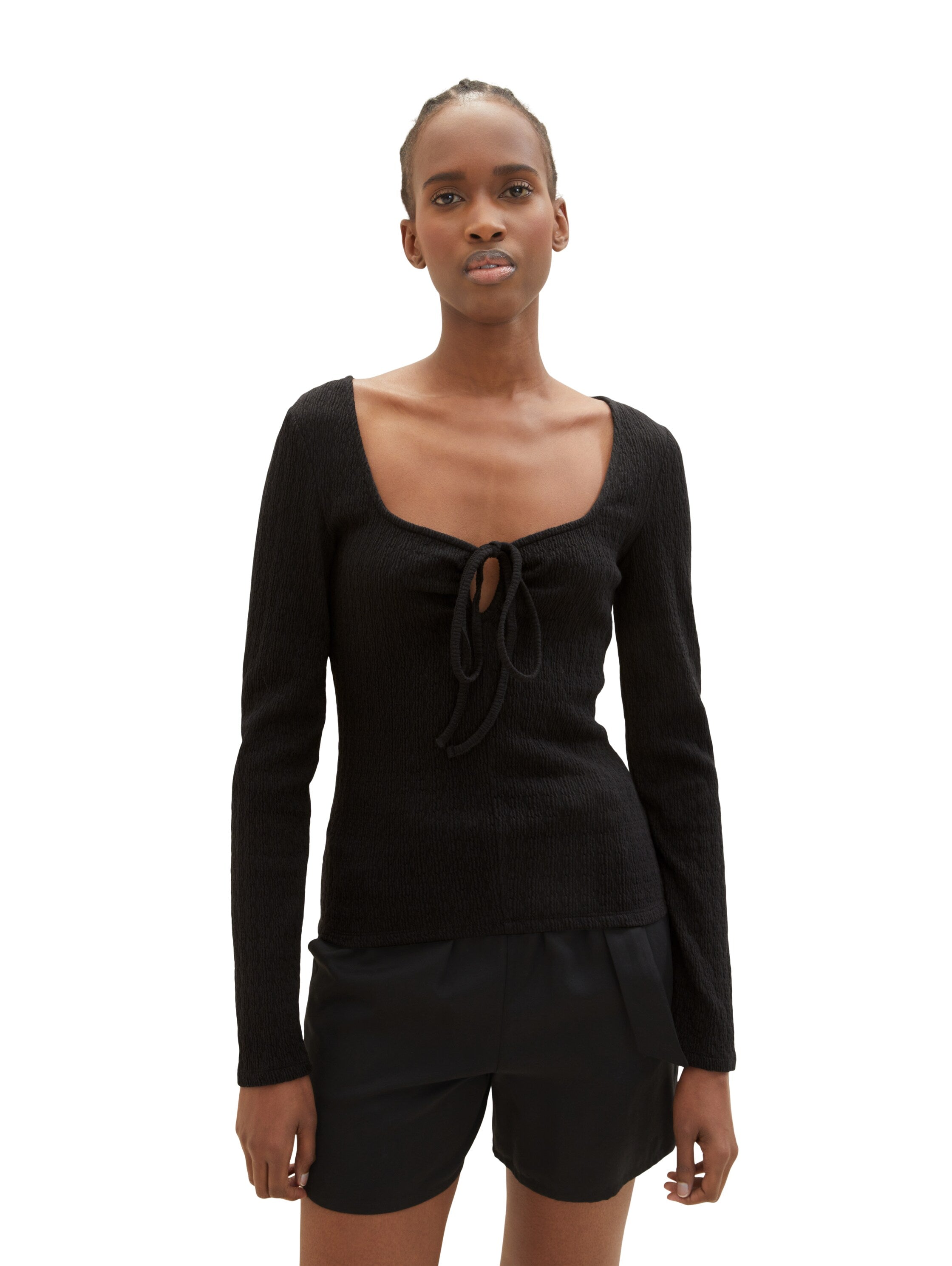 Black Long Sleeve Square Neckline Top With Straps - BEVAVA