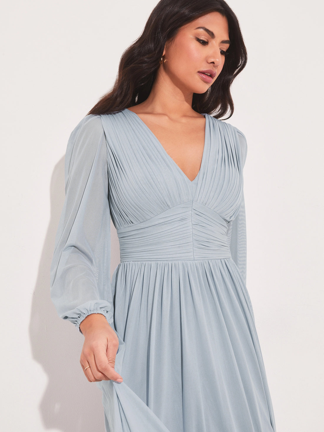 Blue Long Sleeve V-Neck Evening Dress
