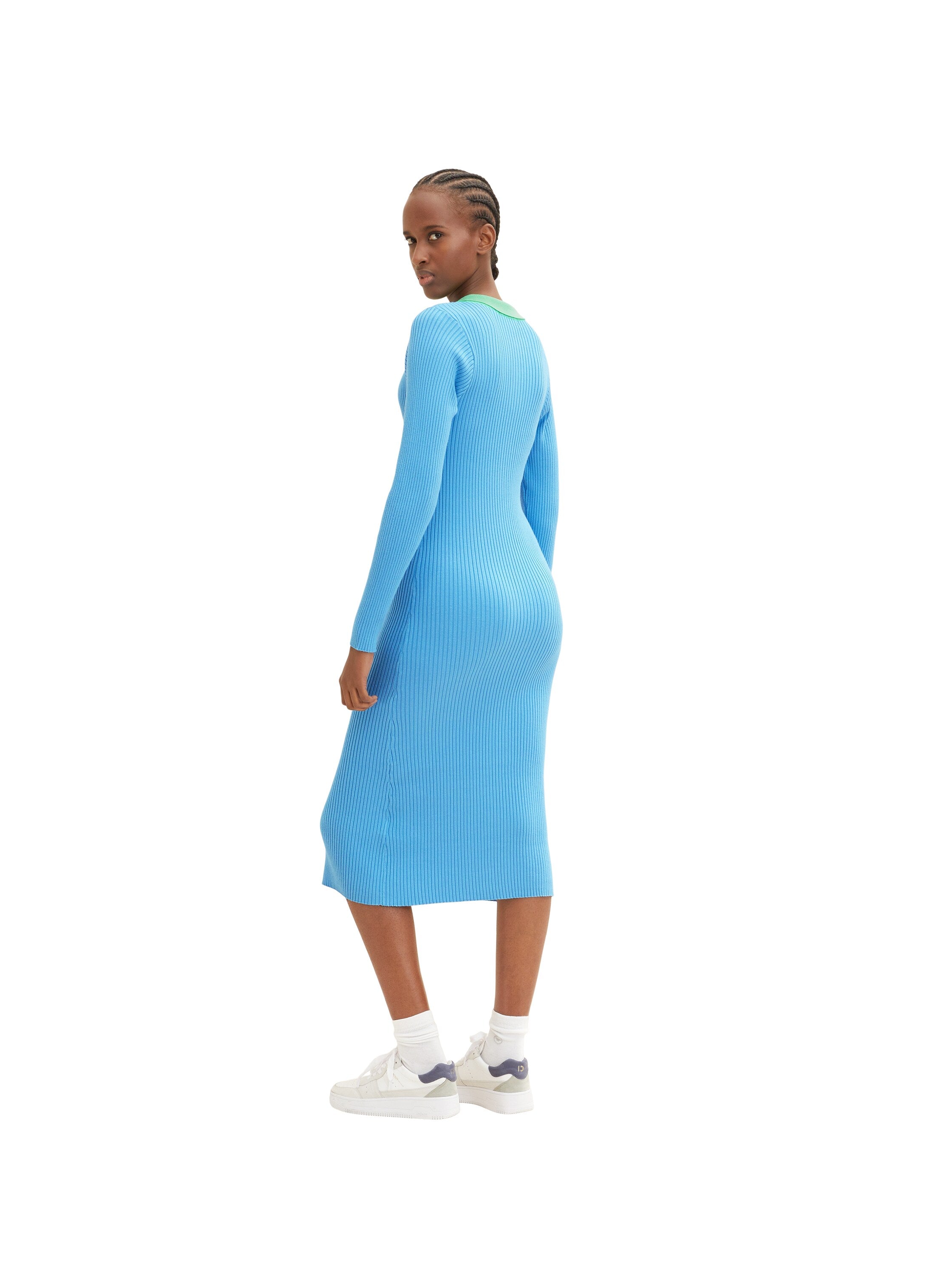Blue Ribbed Button Down Shirt Dress - BEVAVA