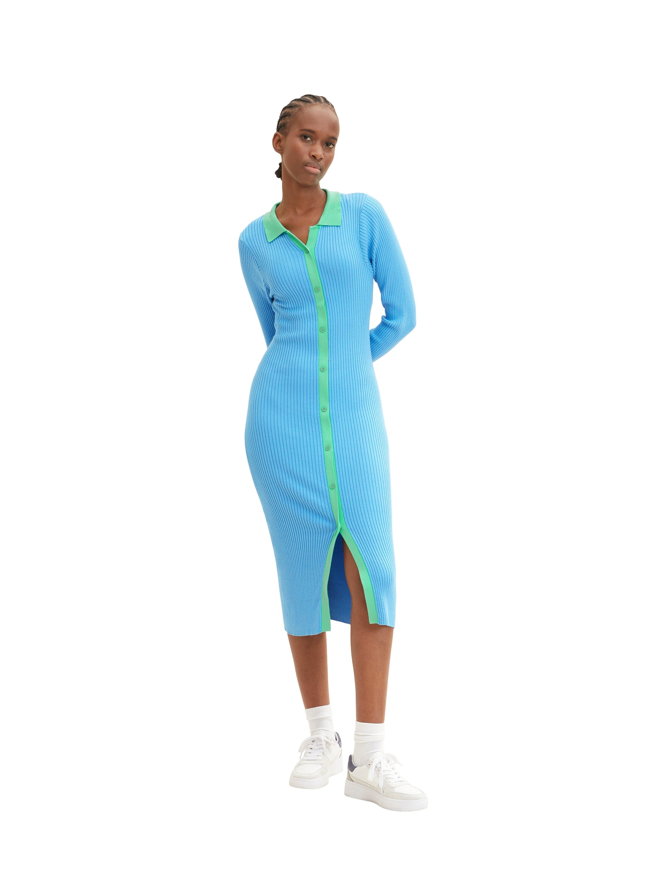 Blue Ribbed Button Down Shirt Dress - BEVAVA