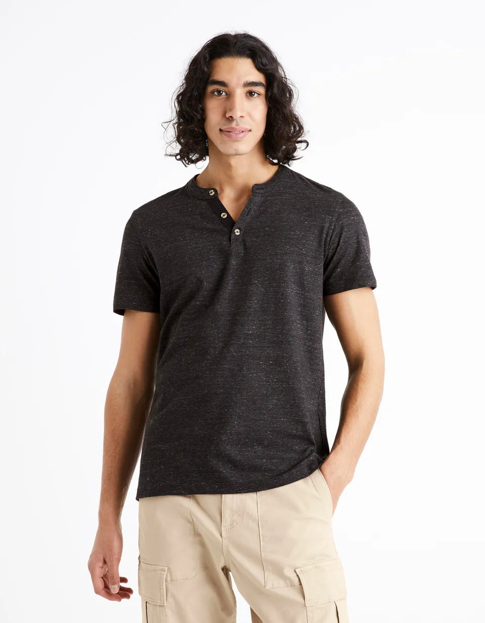 Cotton-Blend Henley Collar T-Shirt - Black - 02