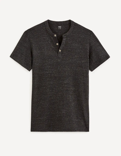 Cotton-Blend Henley Collar T-Shirt - Black - 04