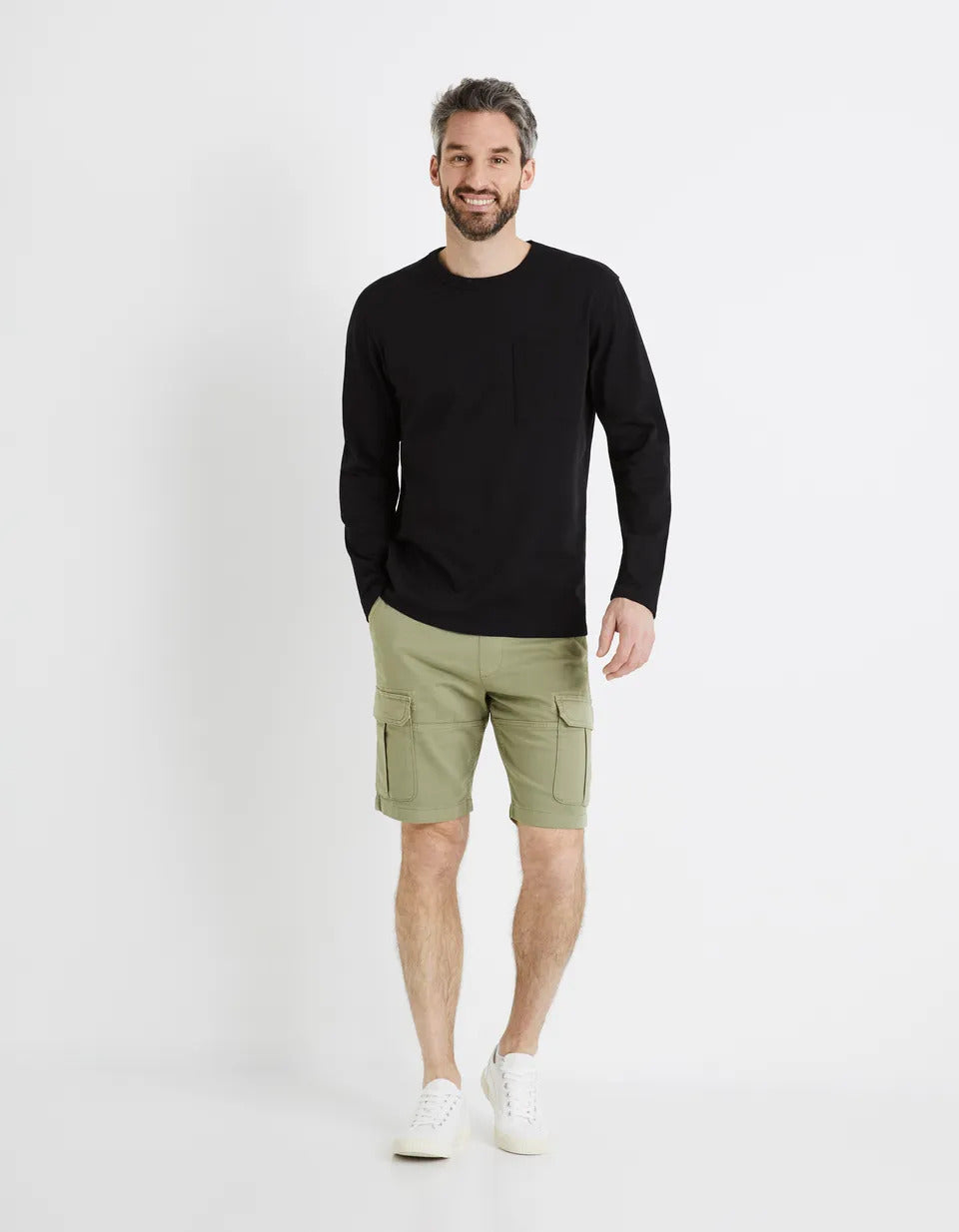 Cotton Elastane Cargo Bermuda Shorts - Khaki - 01