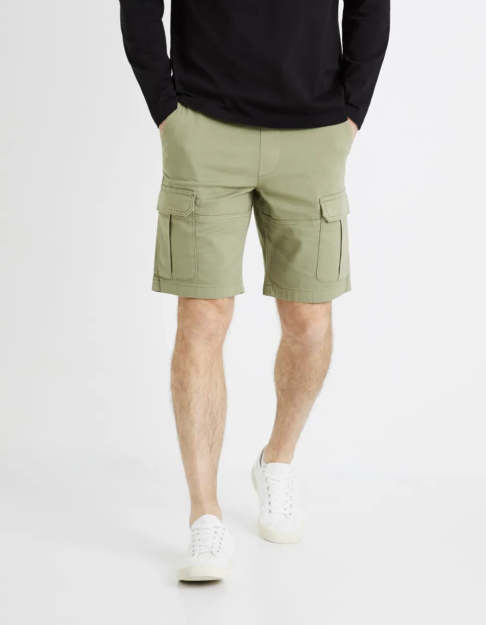 Cotton Elastane Cargo Bermuda Shorts - Khaki - 02