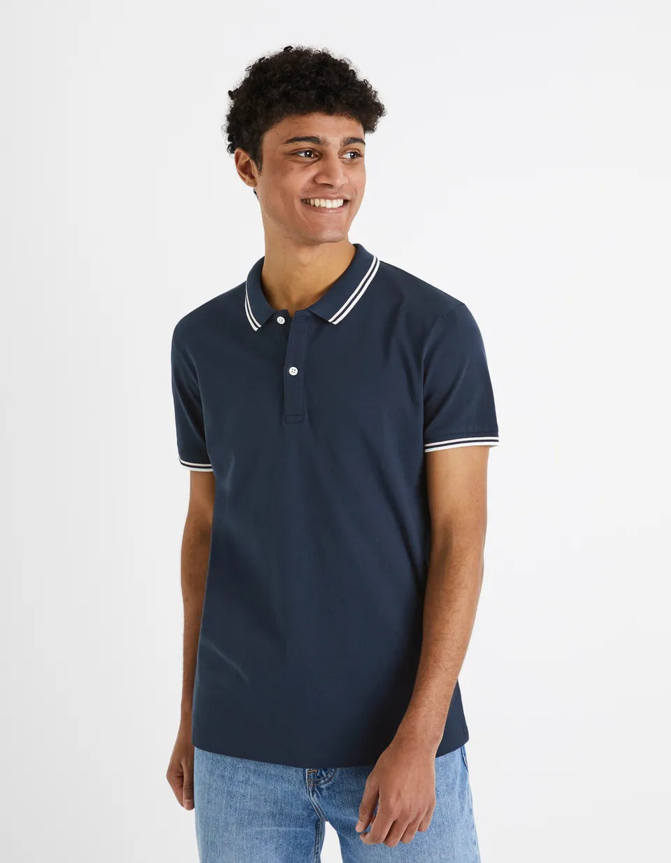 Cotton Elastane Piqué Polo Shirt - Navy - 01