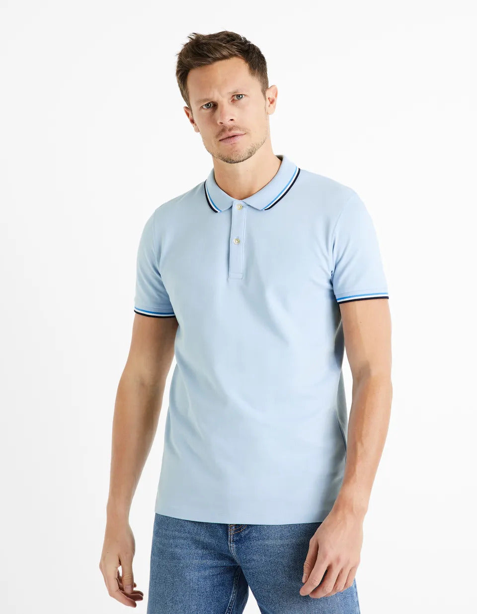 Cotton Elastane Piqué Polo Shirt - Sky Blue - 01