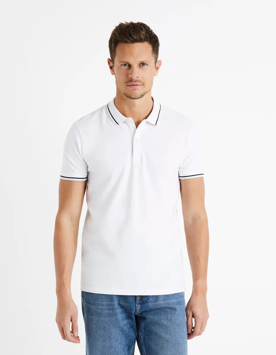 Cotton Elastane Piqué Polo Shirt - White - 01