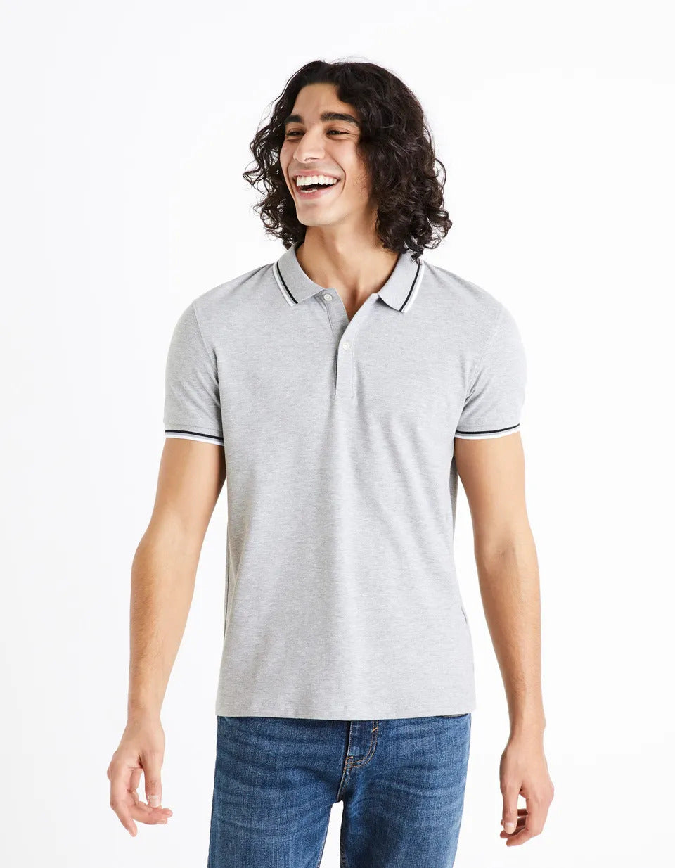 Cotton Elasthanne Piqué Polo Shirt - Gray - 01