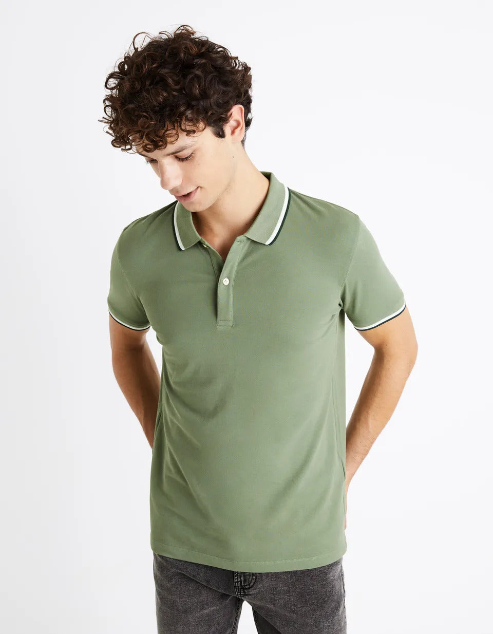 Cotton Elasthanne Piqué Polo Shirt - Khaki - 01