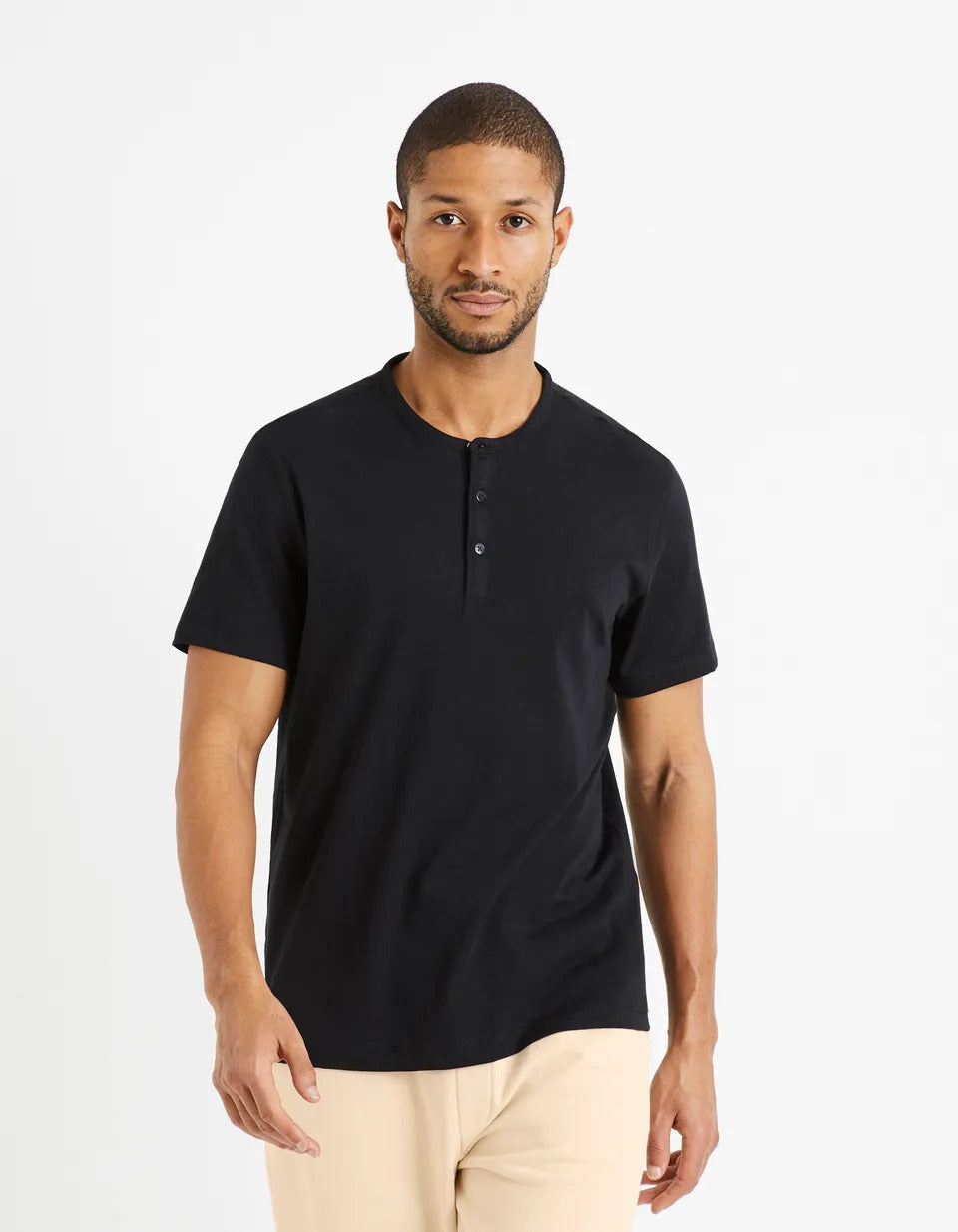 100% Cotton Henley Collar T-Shirt - Black - 01