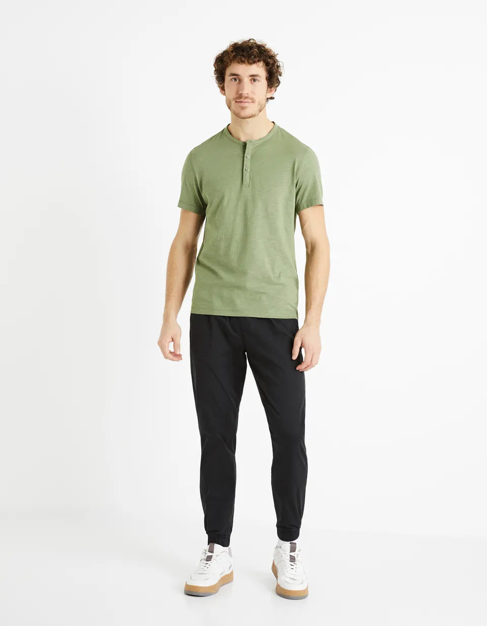 100% Cotton Henley Collar T-Shirt - Sage Green - 01