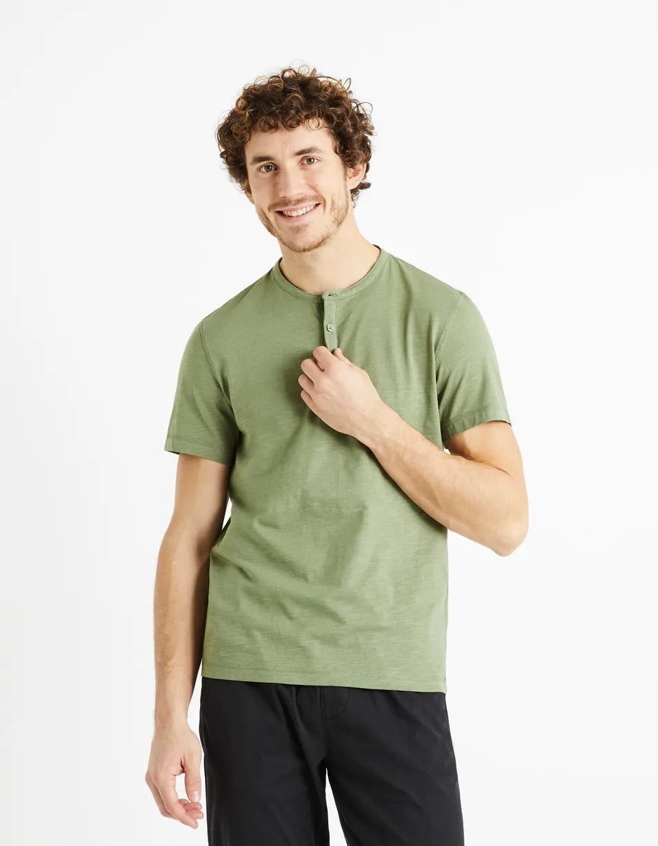 100% Cotton Henley Collar T-Shirt - Sage Green - 02