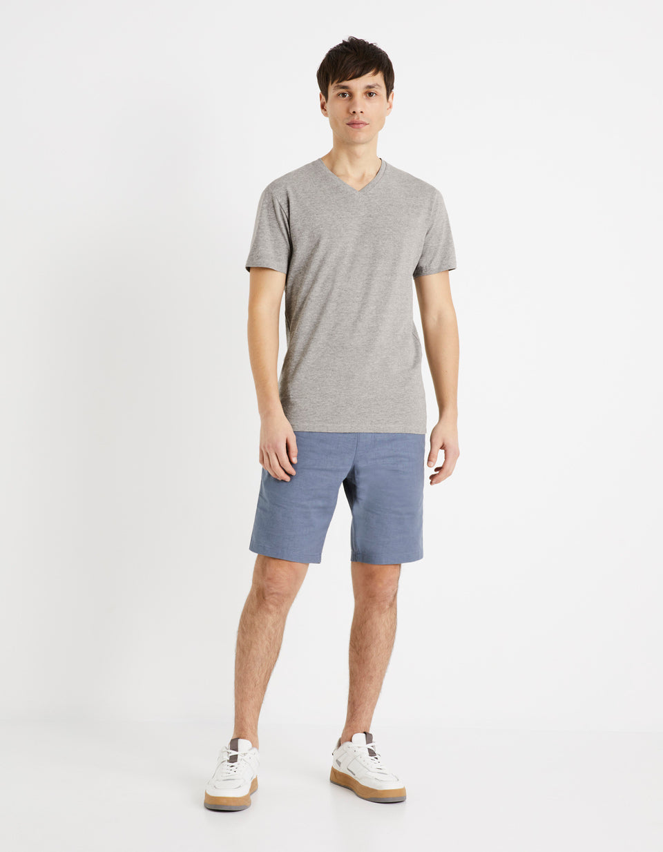 Cotton Linen Bermuda Shorts - Blue - 01