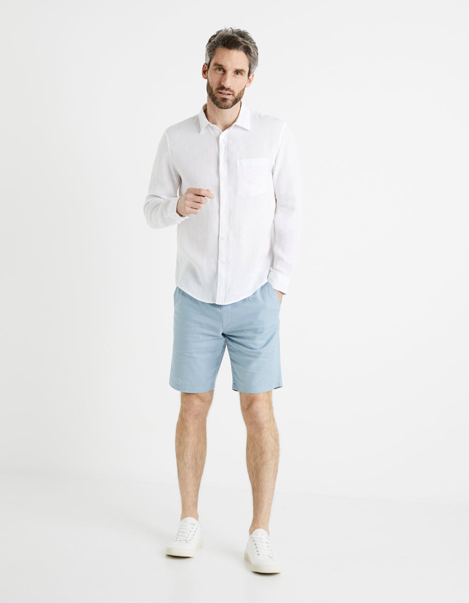 Cotton Linen Bermuda Shorts - Sky Blue - 01