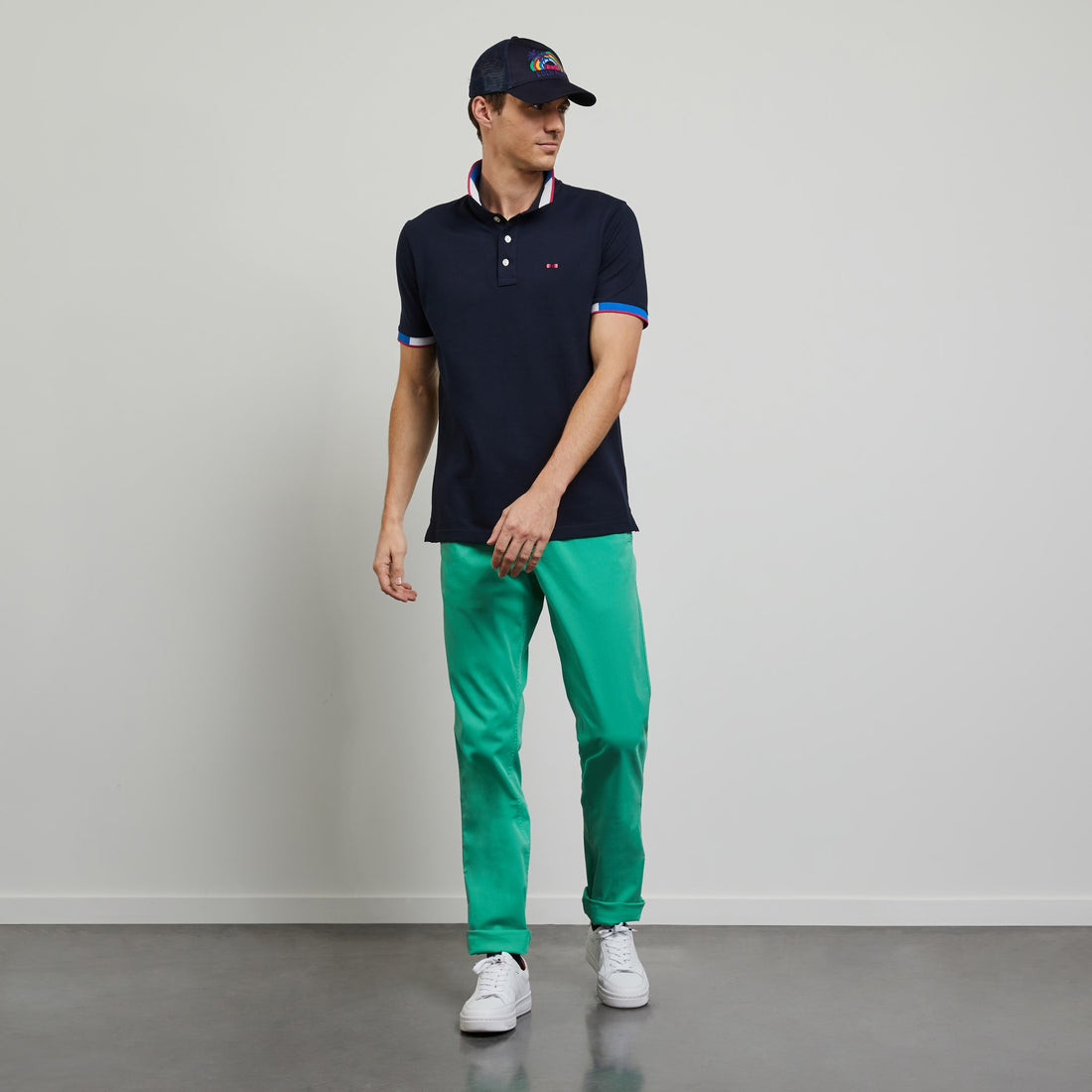 Dark Blue Polo In Cotton Pique With Contrasting Trims - 01