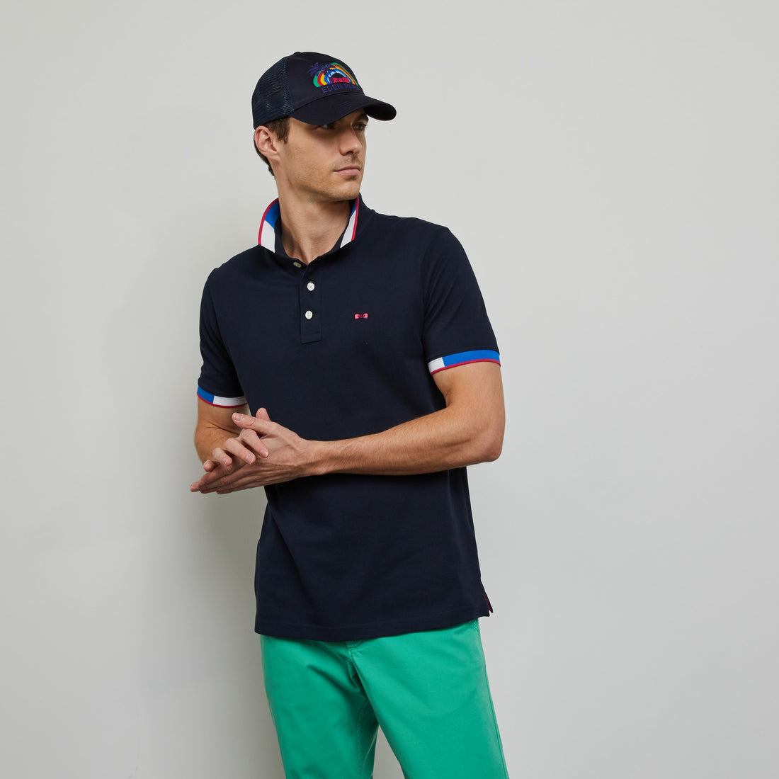 Dark Blue Polo In Cotton Pique With Contrasting Trims - 02