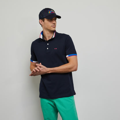 Dark Blue Polo In Cotton Pique With Contrasting Trims - 02