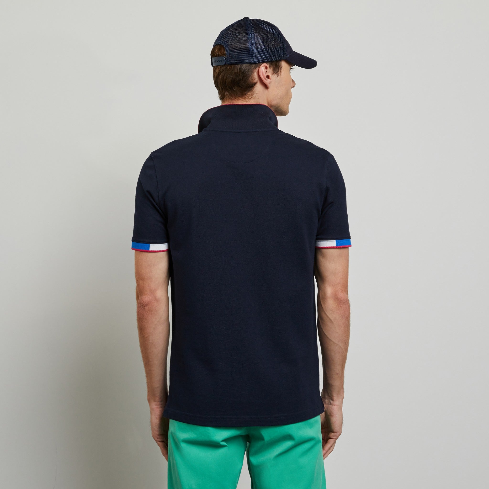 Dark Blue Polo In Cotton Pique With Contrasting Trims - 03