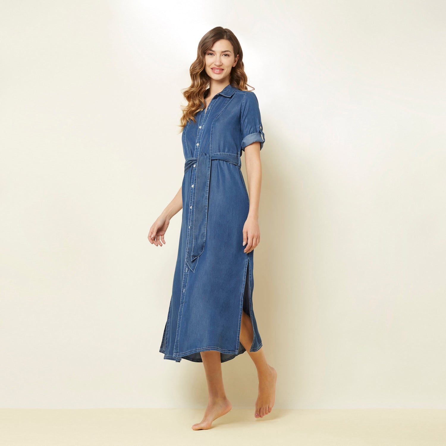 Denim Short Sleeve Midi Dress With Side Slits