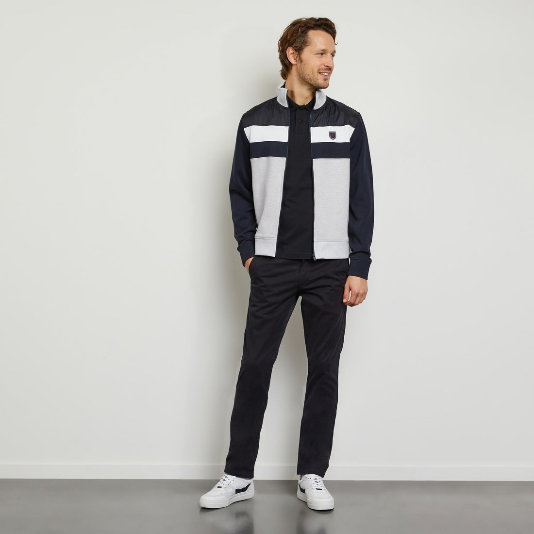 Grey Colour-Block, Bi-Fabric Zipped Sweatshirt - 01