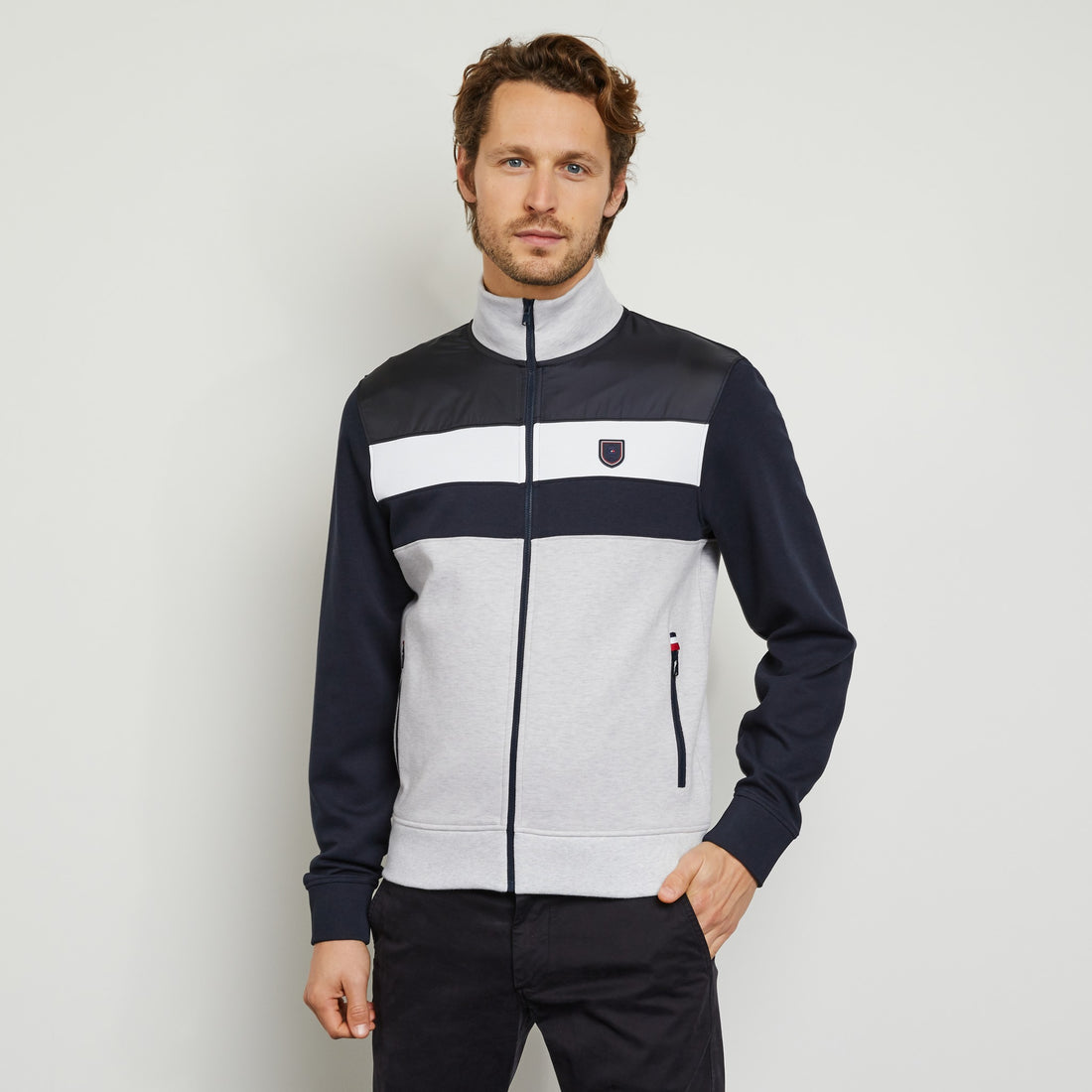 Grey Colour-Block, Bi-Fabric Zipped Sweatshirt - 02