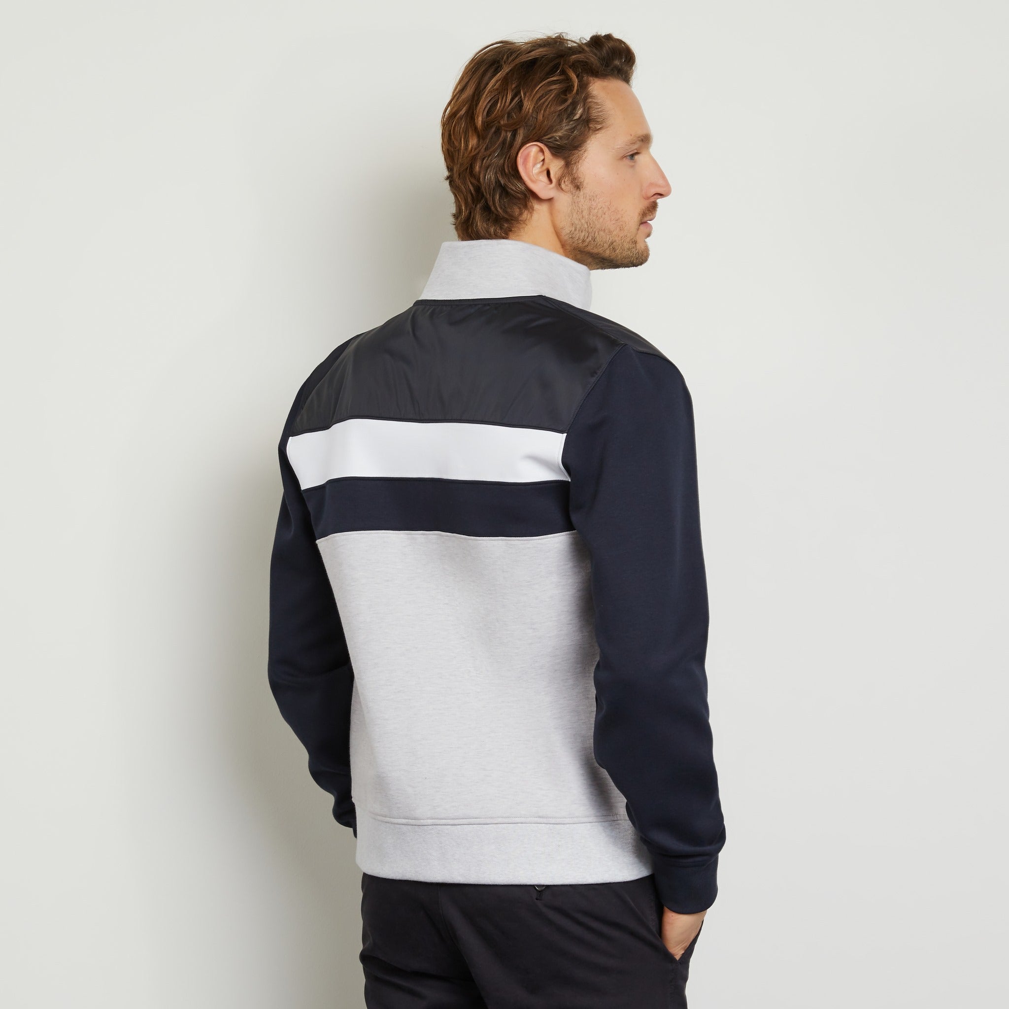 Grey Colour-Block, Bi-Fabric Zipped Sweatshirt - 03