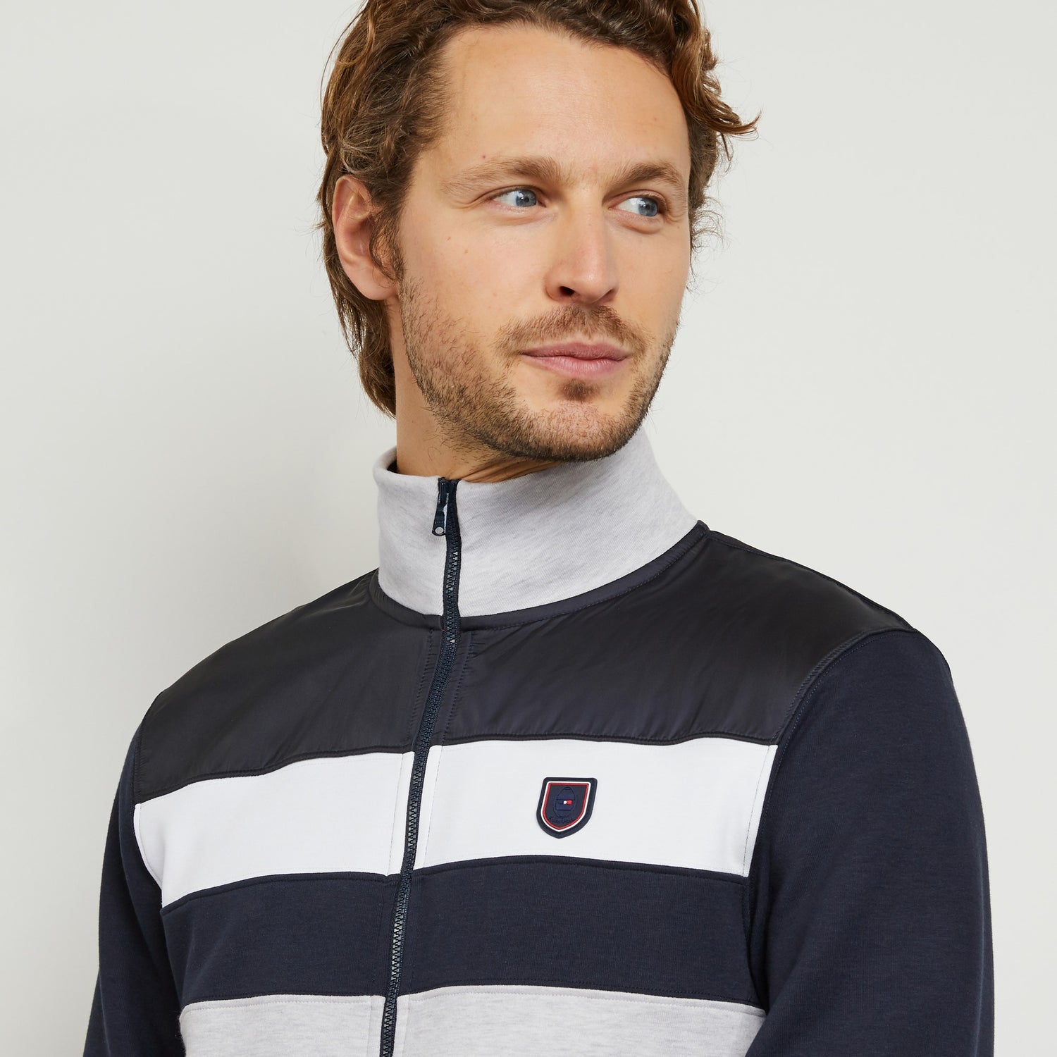 Grey Colour-Block, Bi-Fabric Zipped Sweatshirt - 06