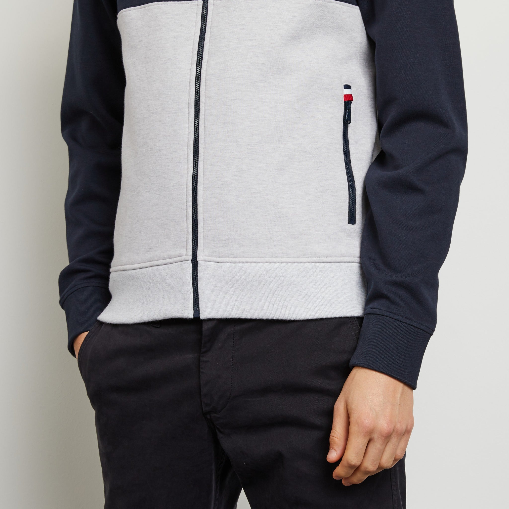 Grey Colour-Block, Bi-Fabric Zipped Sweatshirt - 07