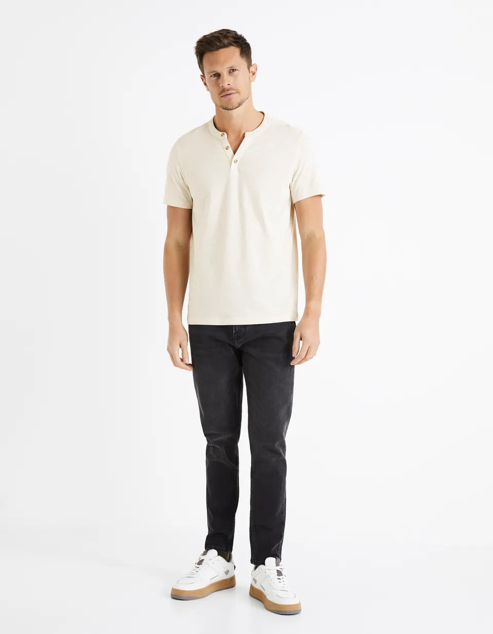 Henley-Collar Cotton-Blend T-Shirt - Ecru - 01