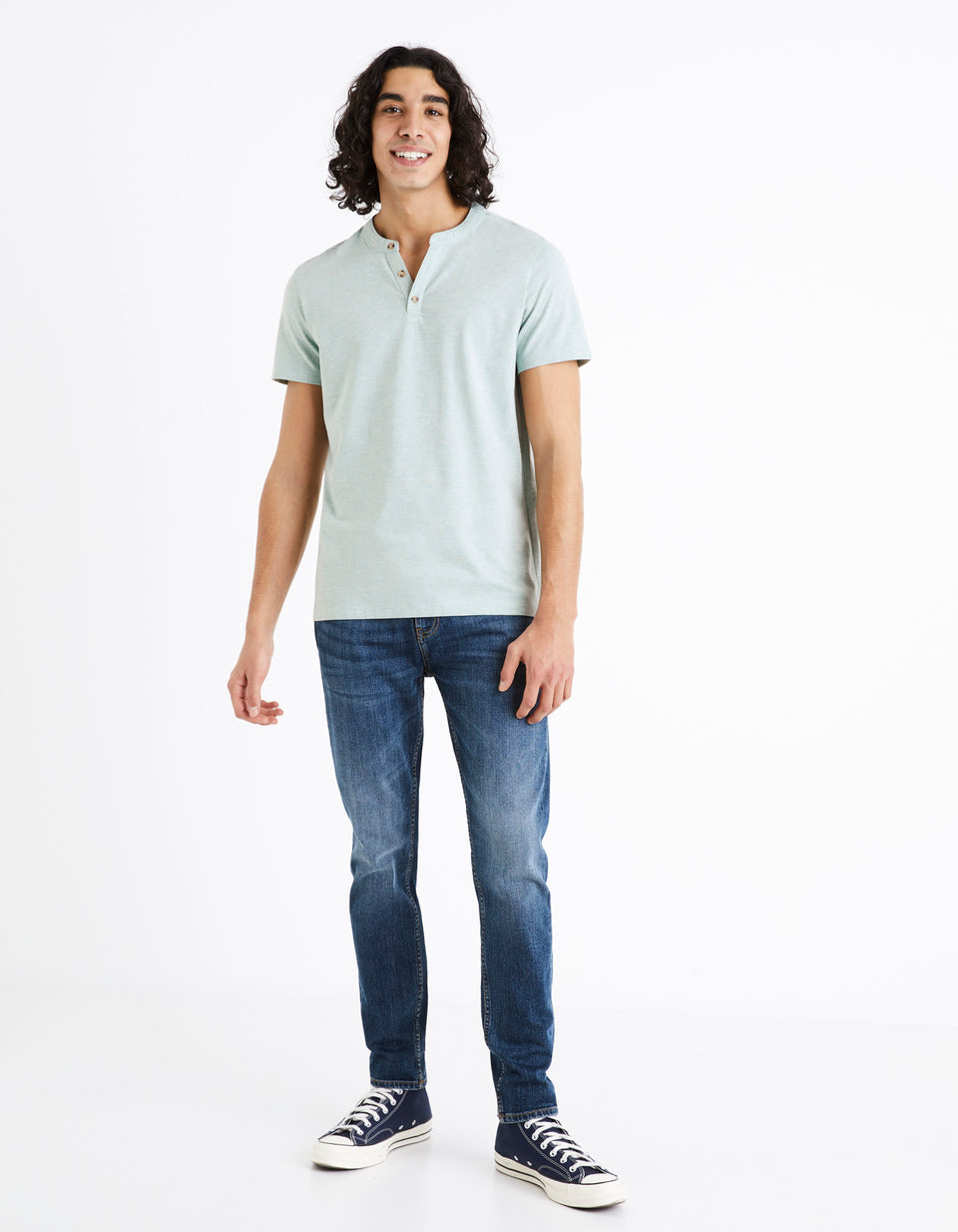 Henley Collar T-Shirt In Cotton Blend - Green - 01