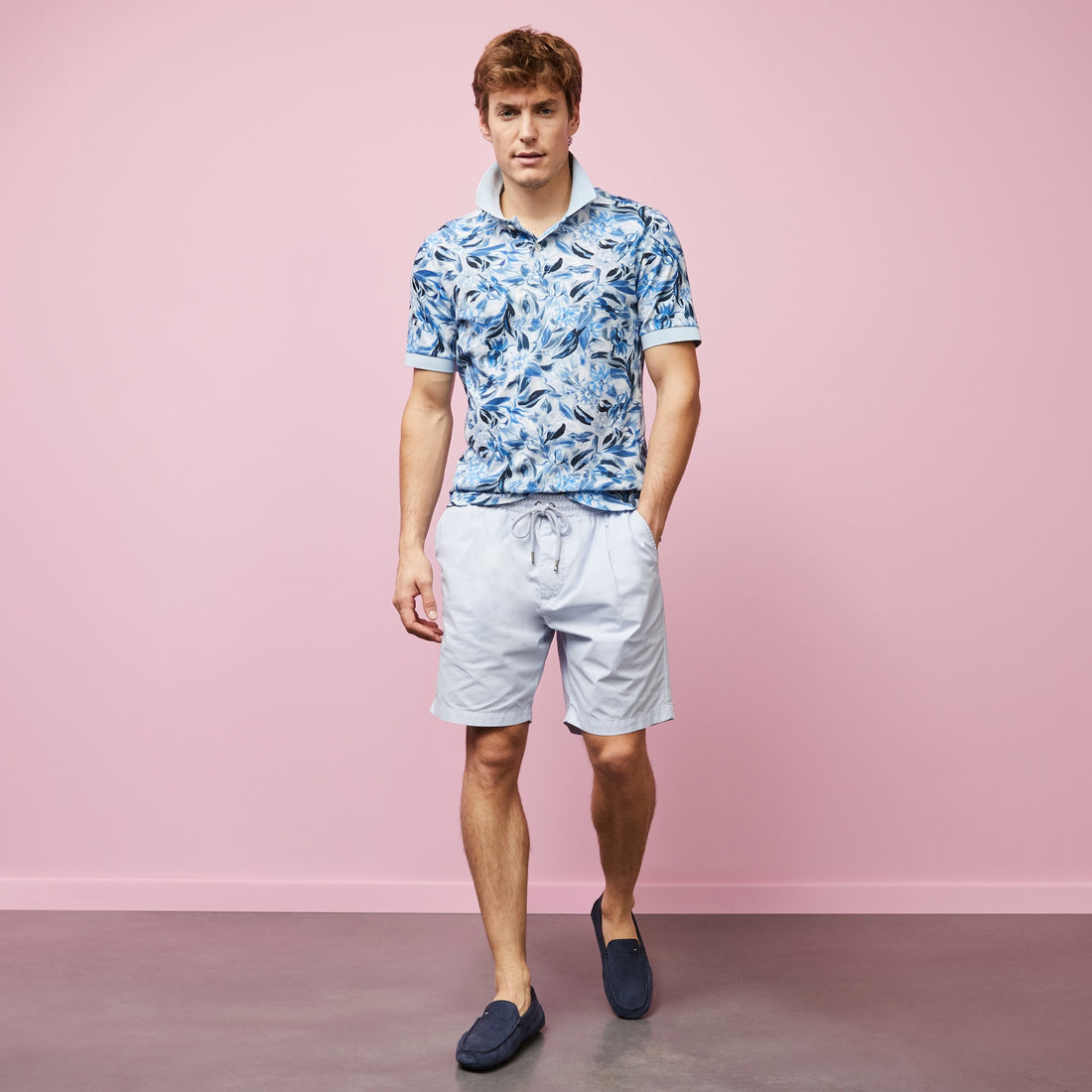 Light Blue Polo In Cotton Pique With Floral Print - 01