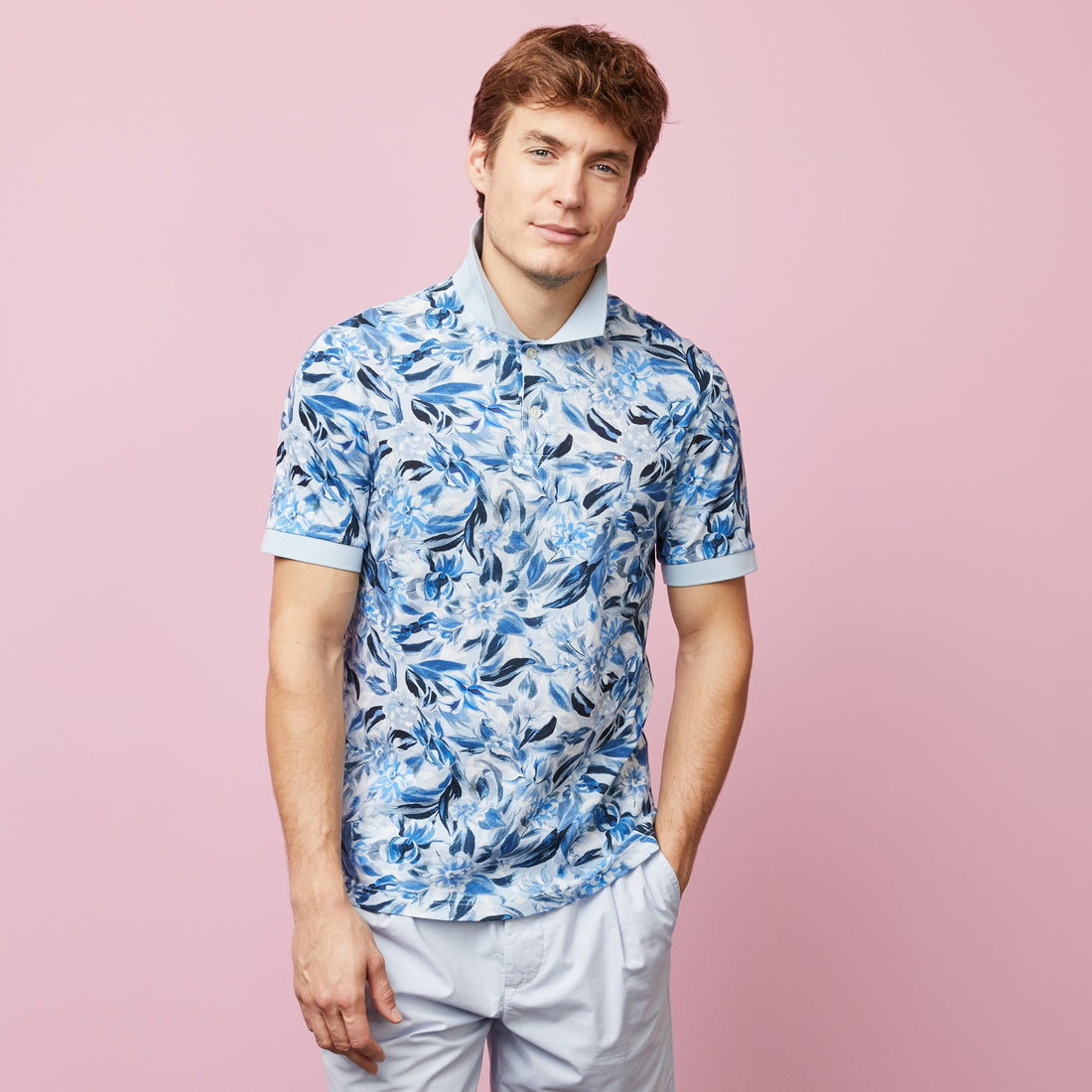 Light Blue Polo In Cotton Pique With Floral Print - 02