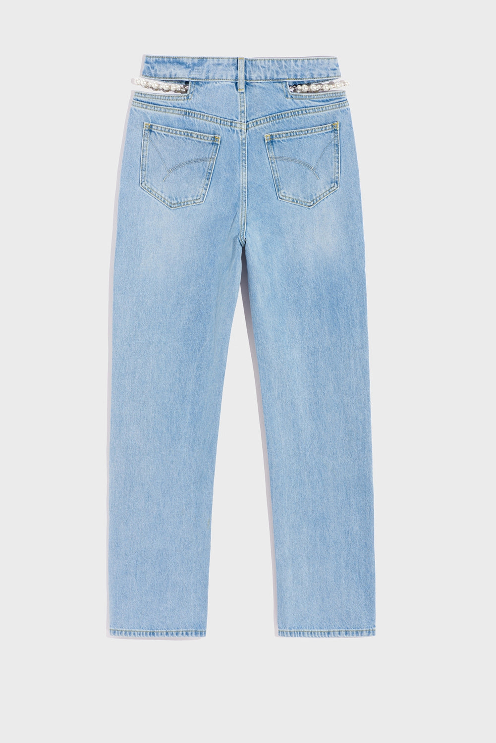 Light Wash Jeans With Side Waist Cut-Out And Pearl Chains