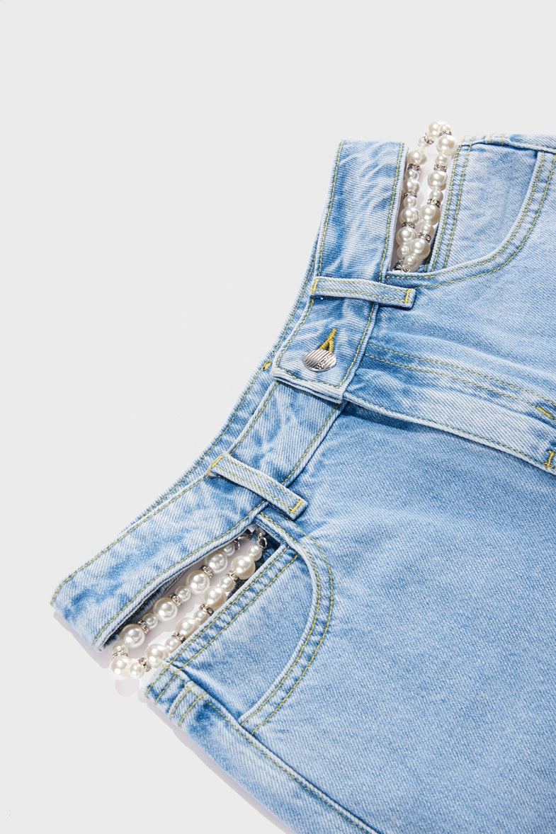 Light Wash Jeans With Side Waist Cut-Out And Pearl Chains