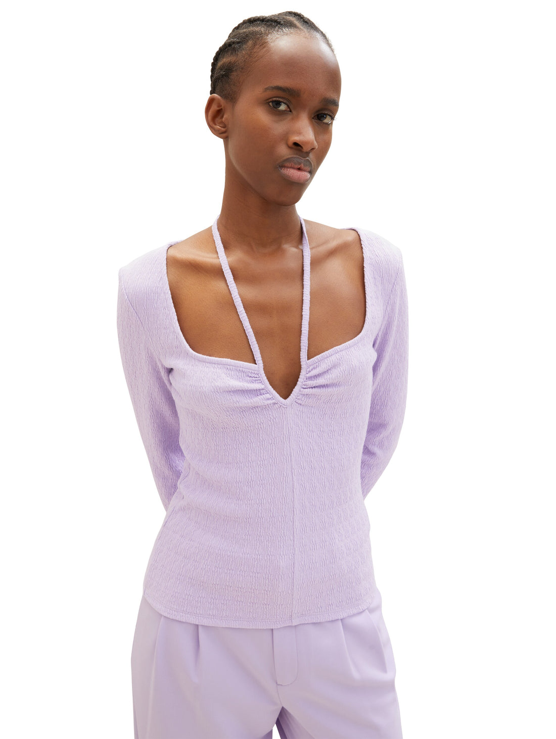 Lilac Purple Long Sleeve Square Neckline Top With Straps