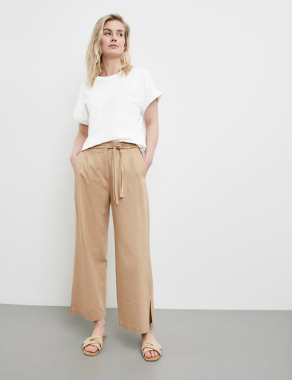 Linen Blend Trousers With A 3/4-Length, Wide Leg