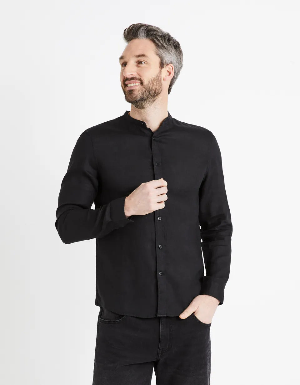 100% Linen Regular Mao Collar Shirt - Black - 01