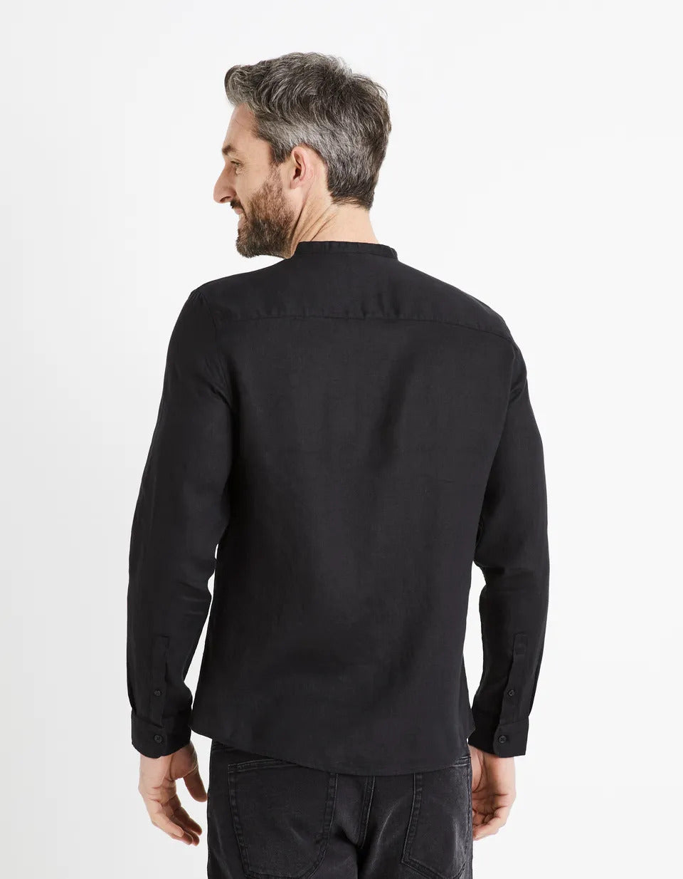 100% Linen Regular Mao Collar Shirt - Black - 02