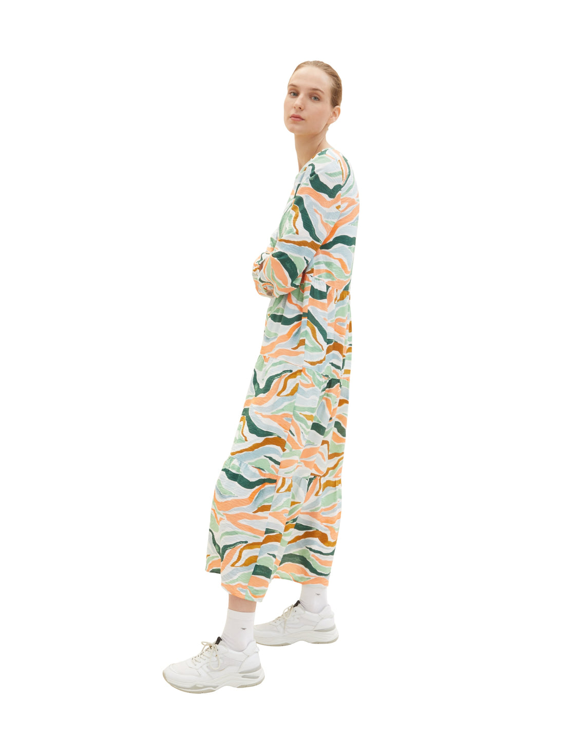 Multi-Color Long Sleeve Printed Tunic Style Maxi Dress