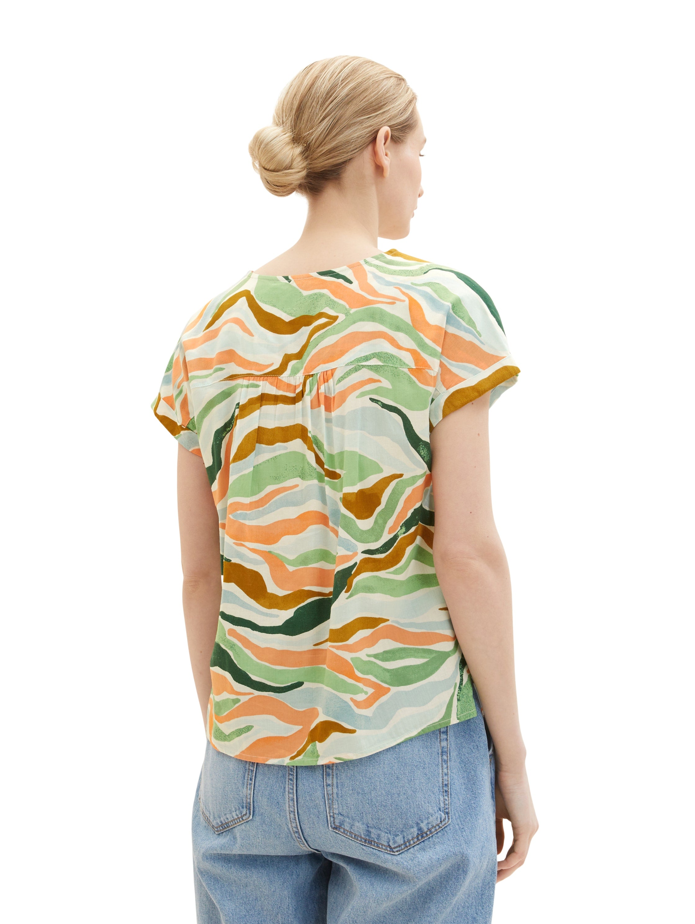 Multi-Color Printed Short Sleeve V-Neck Blouse