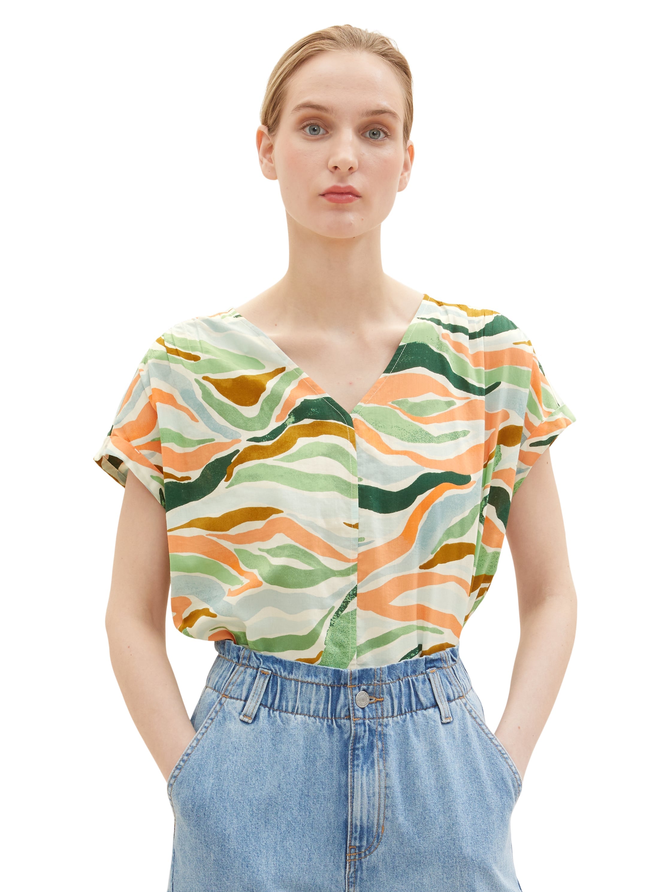 Multi-Color Printed Short Sleeve V-Neck Blouse
