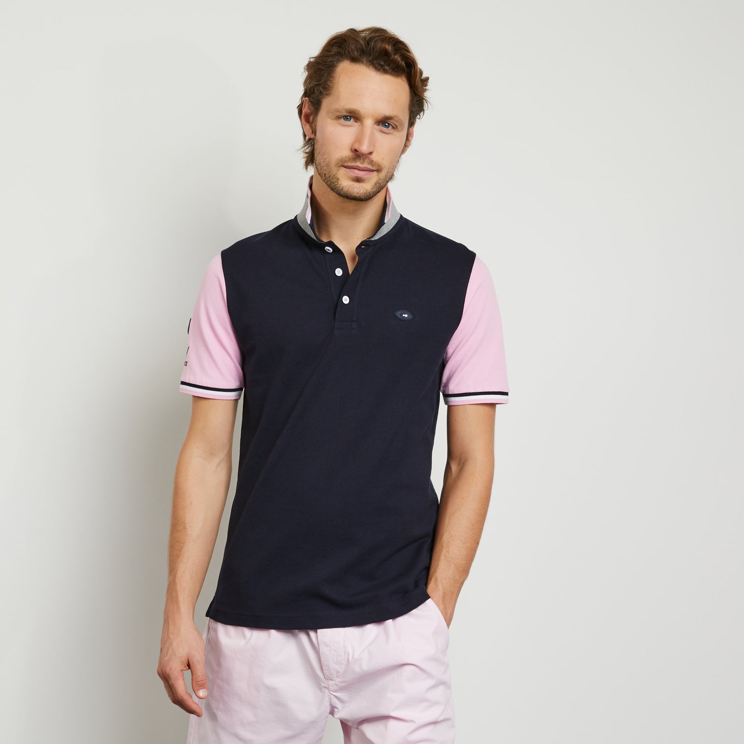 Navy Blue Colour-Block Polo In Cotton Pique - 02