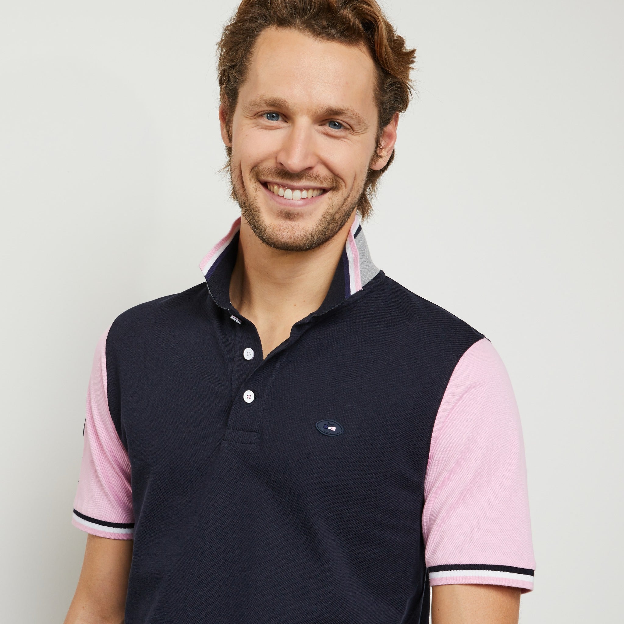 Navy Blue Colour-Block Polo In Cotton Pique - 04