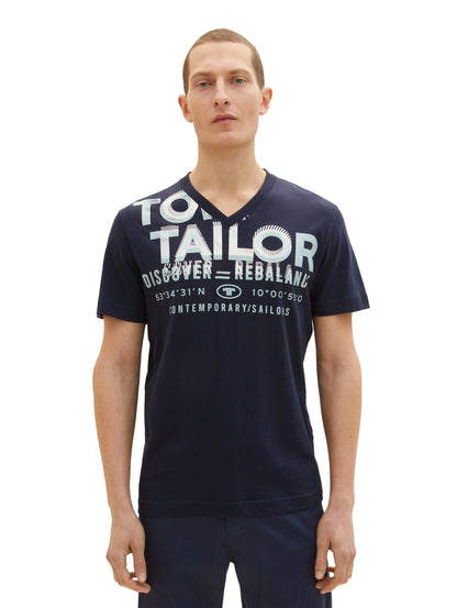 Navy Blue Short Sleeve V-Neck Graphic T-Shirt