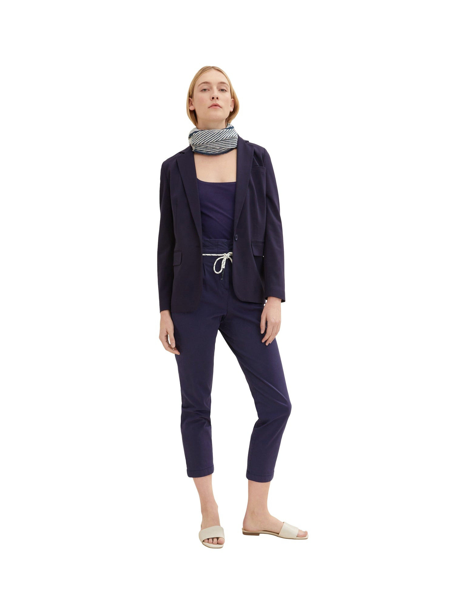 Navy Blue Tapered Trousers With Lace Belt Tom Tailor